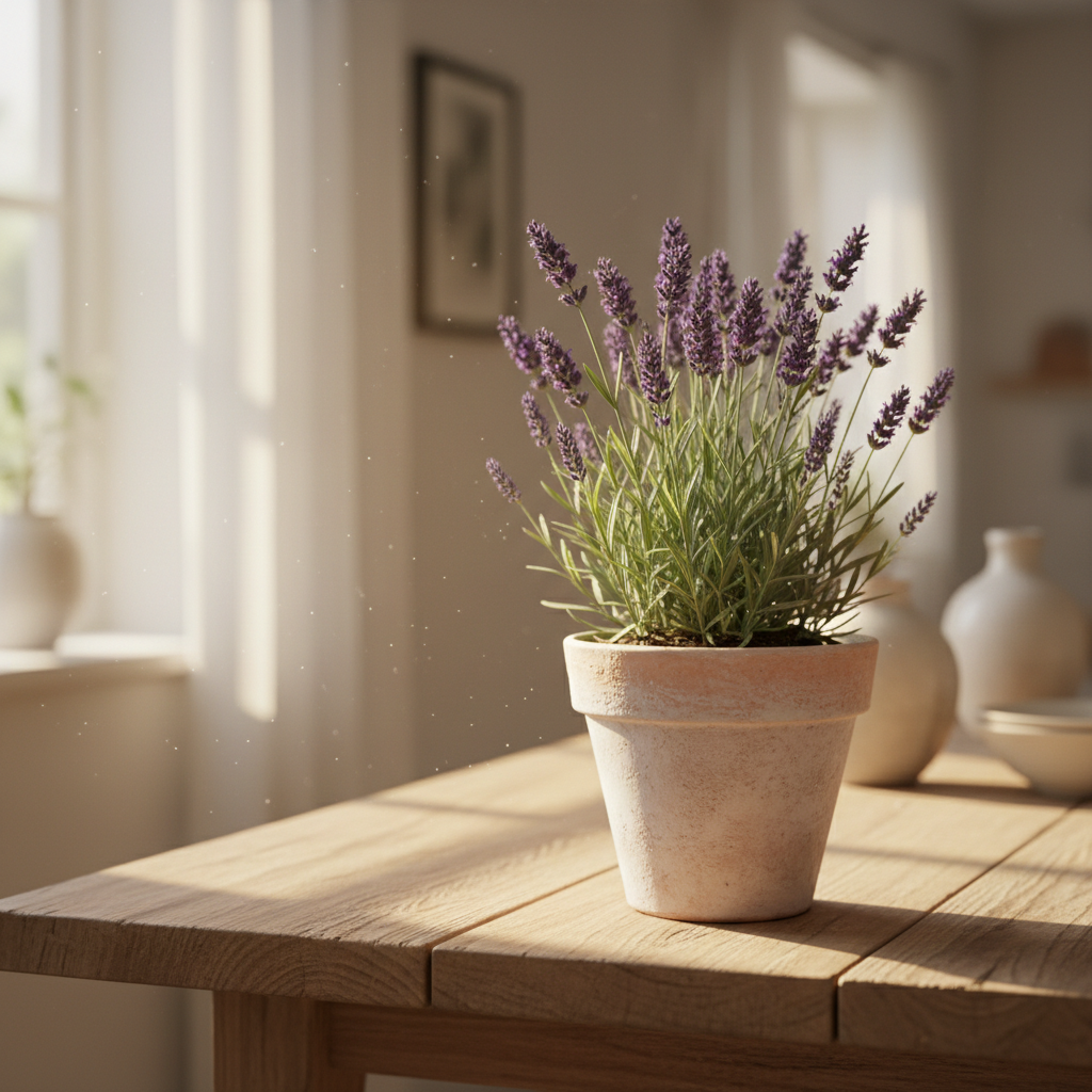 Lavender plant on wooden table with natural sunlight